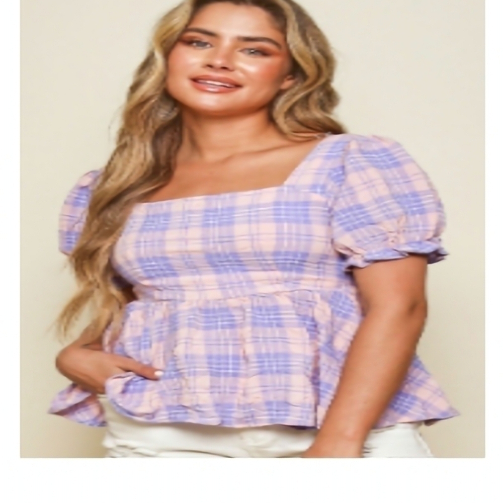 Peach Love California Purple and Pink Plaid Blouse